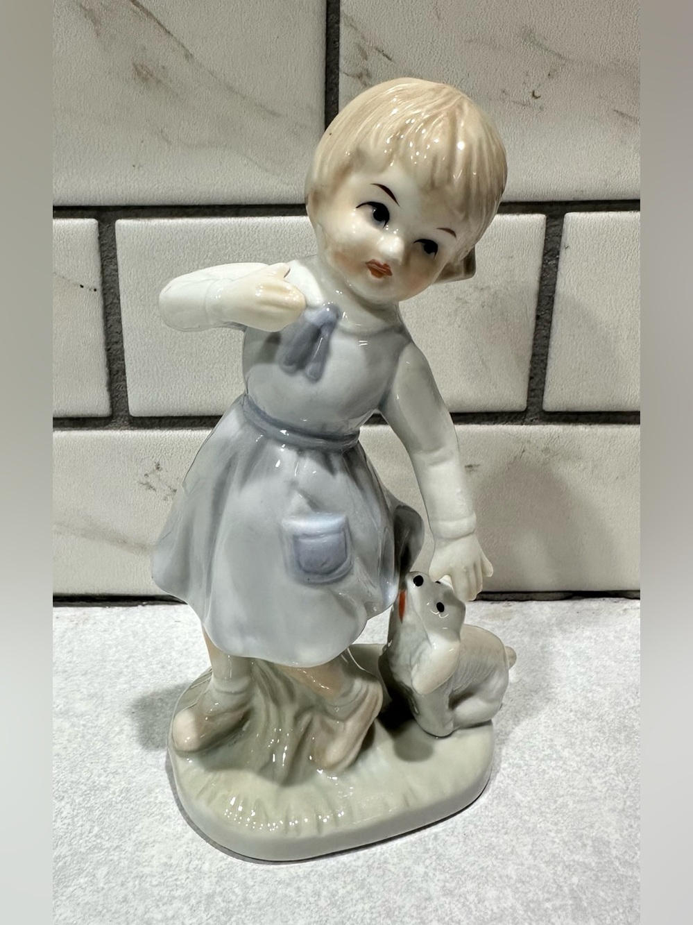 Vintage Porcelain Girl With Dog Figurine - Lladró Style Glossy Ceramic Decor